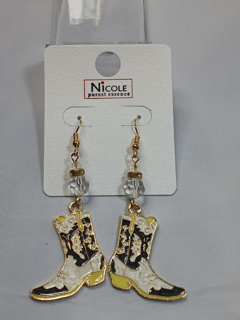 A94. Nicole Western Cowgirl Boot Dangle Earrings Black & White NWT